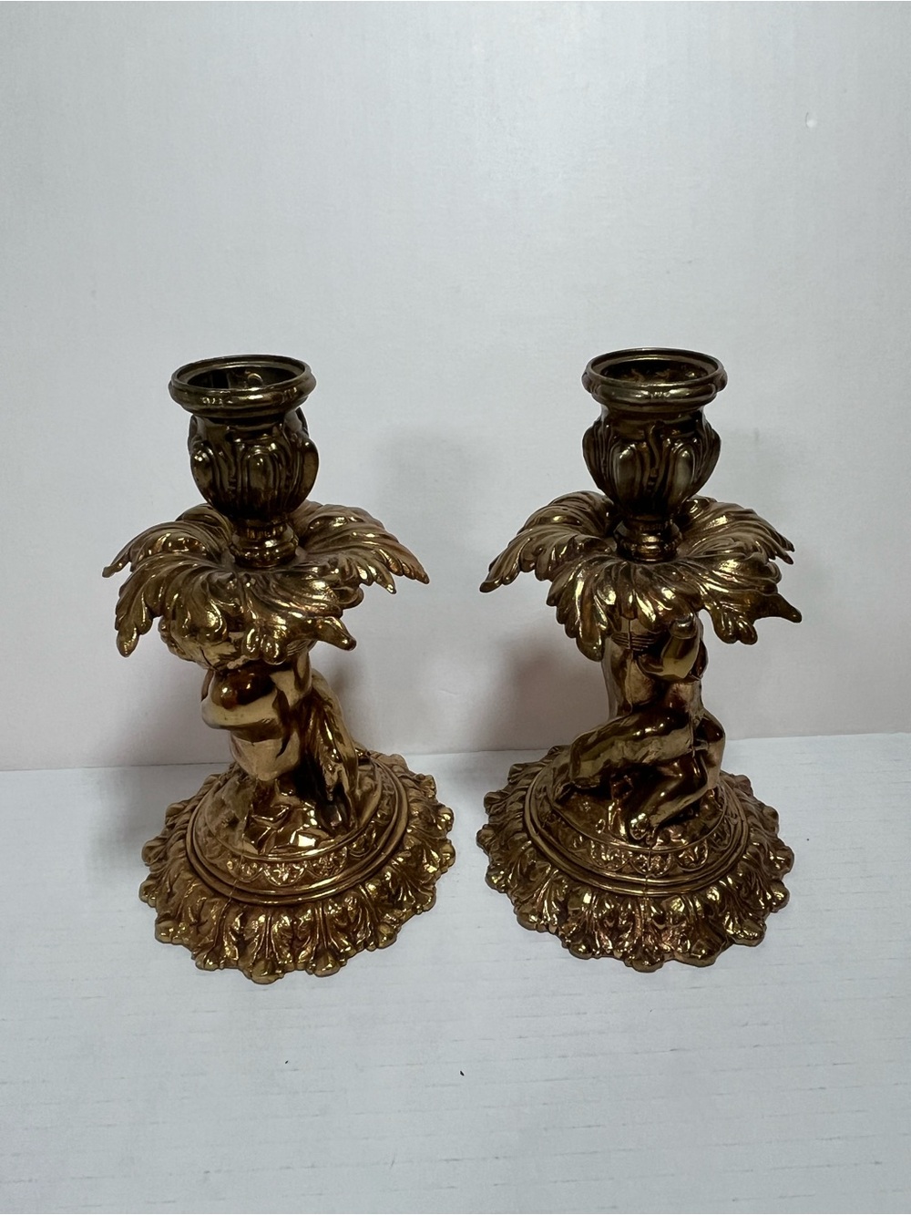 Ornate Gold Cherub Candle Holders - Pair